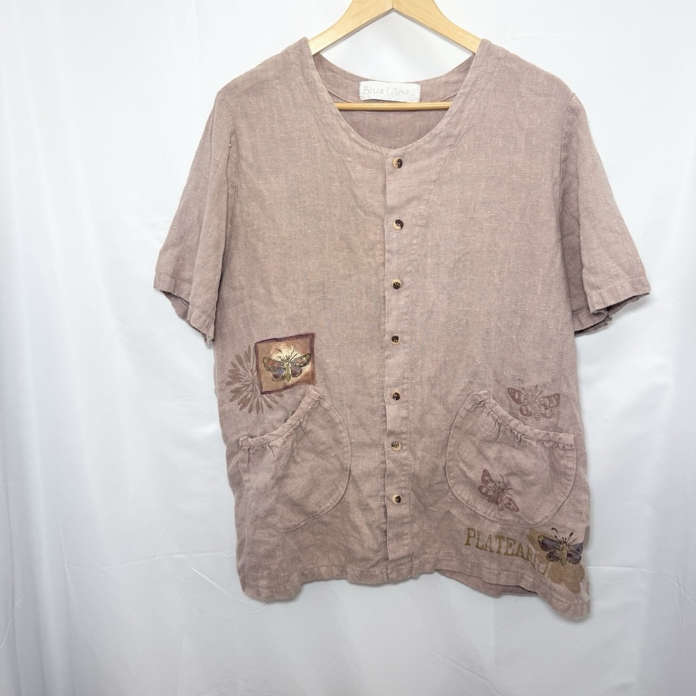 Vintage Blue Fish Linen Robins Button Front Top Butterfly Size 1 Artsy 90s FLAW
